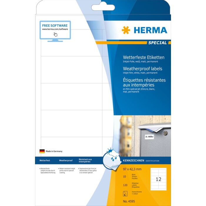 Etiquetas HERMA de inyección de tinta resistentes a la intemperie A4, 97,0 x 42,3 mm, blancas, adhesivo permanente