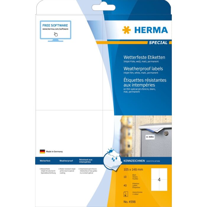 Etiquetas HERMA de inyección de tinta resistentes a la intemperie A4, 105,0 x 148,0 mm, blancas, adhesivo permanente