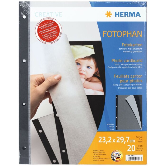 Cartulina fotográfica HERMA, 232x297 mm, negra, 20 hojas