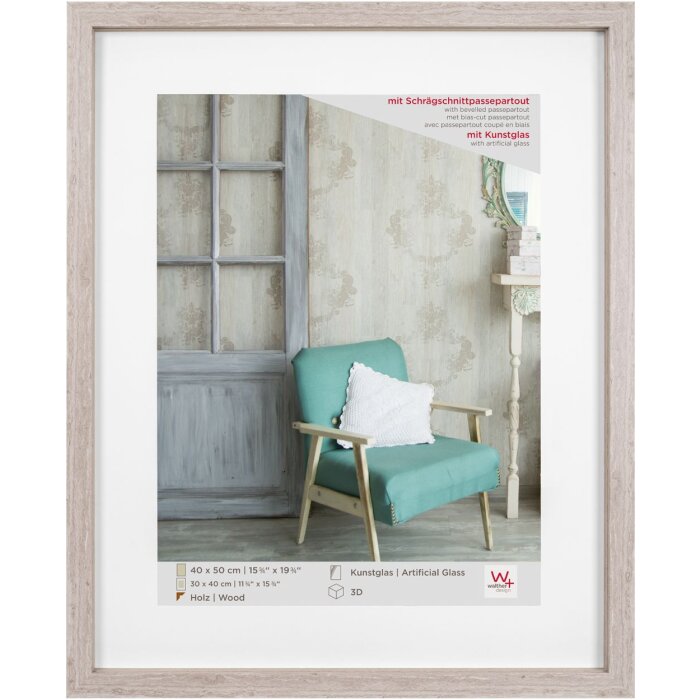Marco de madera Walther Stockholm gris 40x50 cm con cristal acrílico passe-partout