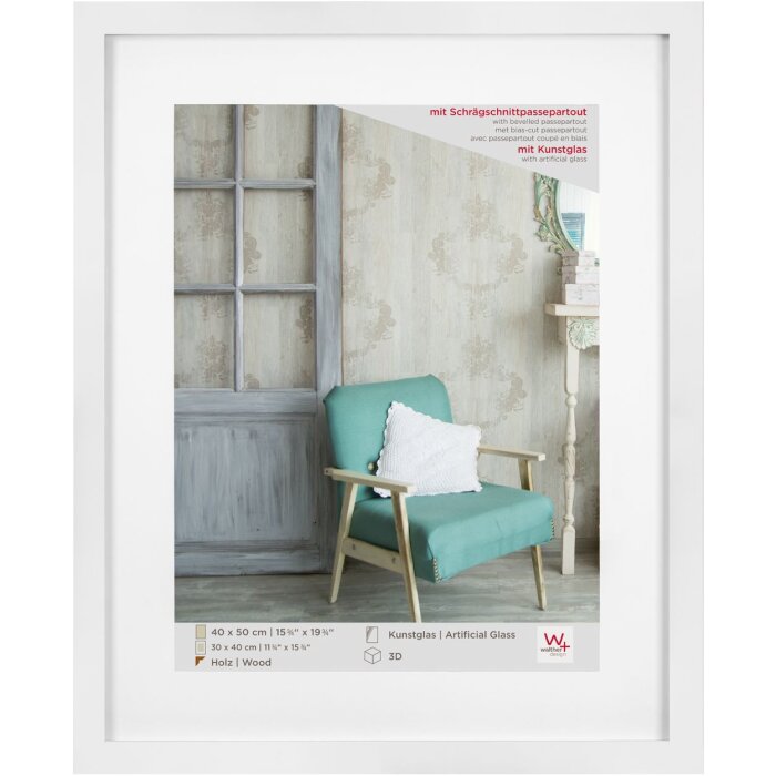 Marco de madera Walther Estocolmo blanco 40x50 cm con cristal acrílico passepartout