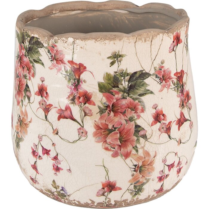Clayre & Eef 6CE1549M Maceta Cerámica Ø 18x16 cm Rosa Beige Estilo Barroco