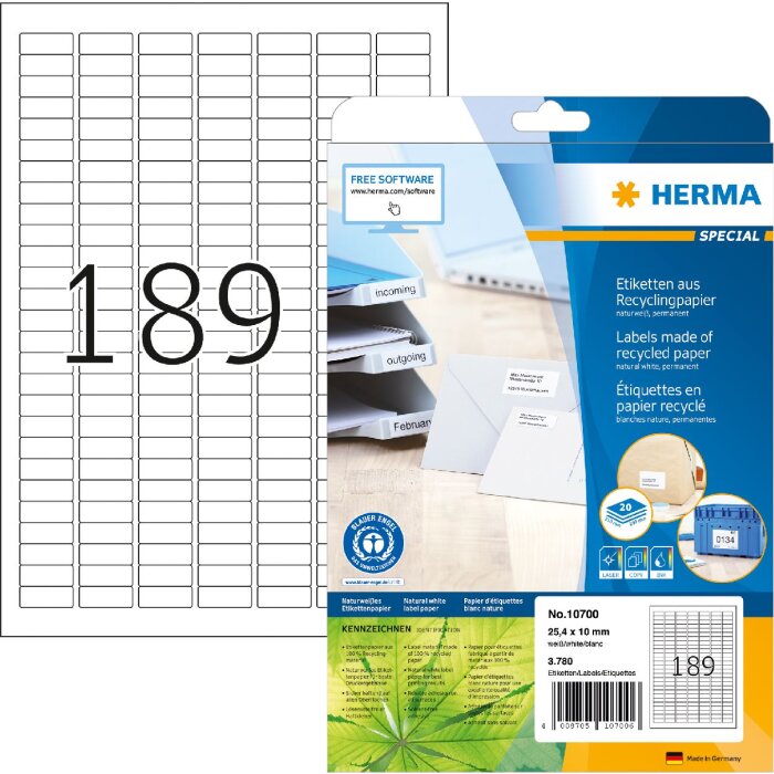 HERMA 10700 etiquetas papel reciclado A4 25.4x10mm blanco permanente
