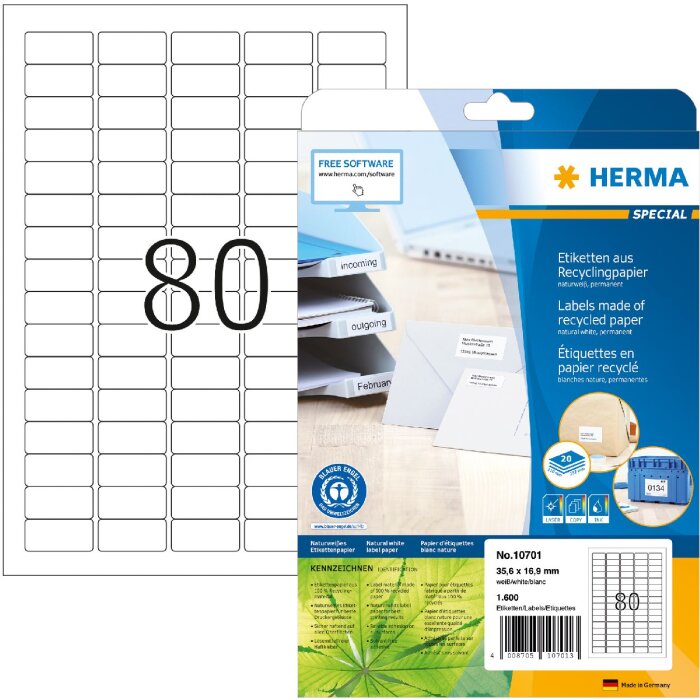 HERMA 10701 Etiquetas papel reciclado A4 35.6x16.9mm blanco permanente
