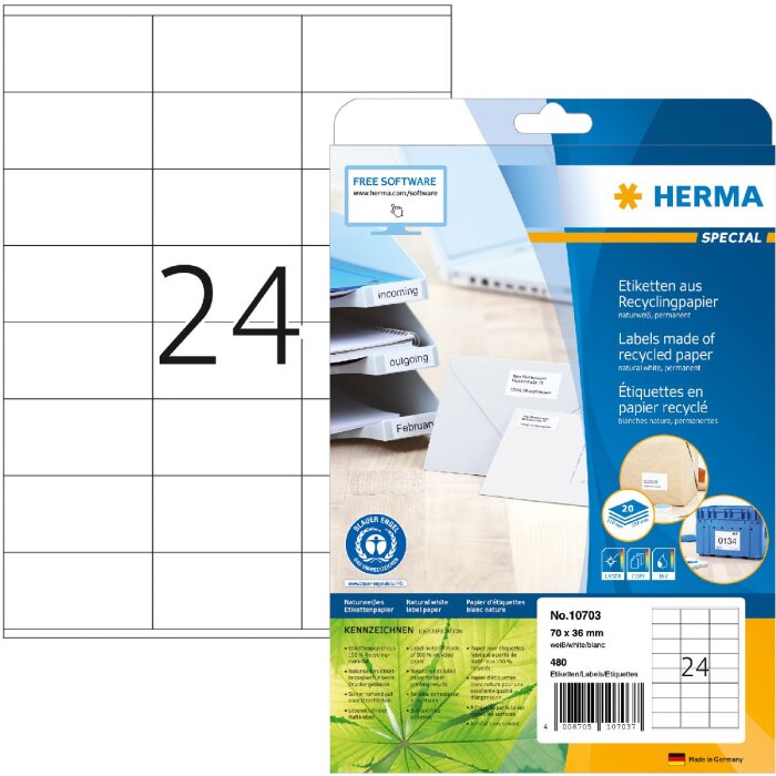 HERMA 10703 Etiquetas papel reciclado A4 70x36mm blanco permanente