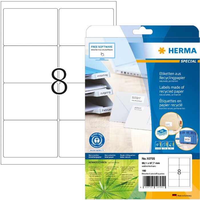 HERMA 10705 Etiquetas papel reciclado A4 99,1x67,7mm blanco permanente