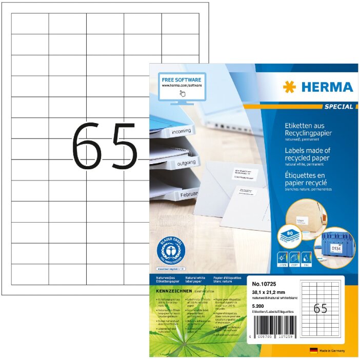 HERMA 10725 Etiquetas de papel reciclado A4 38,1x21,2 mm blanco adhesivo permanente