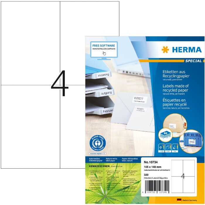 HERMA 10734 Etiquetas de papel reciclado A4 105x148 mm blanco adhesivo permanente