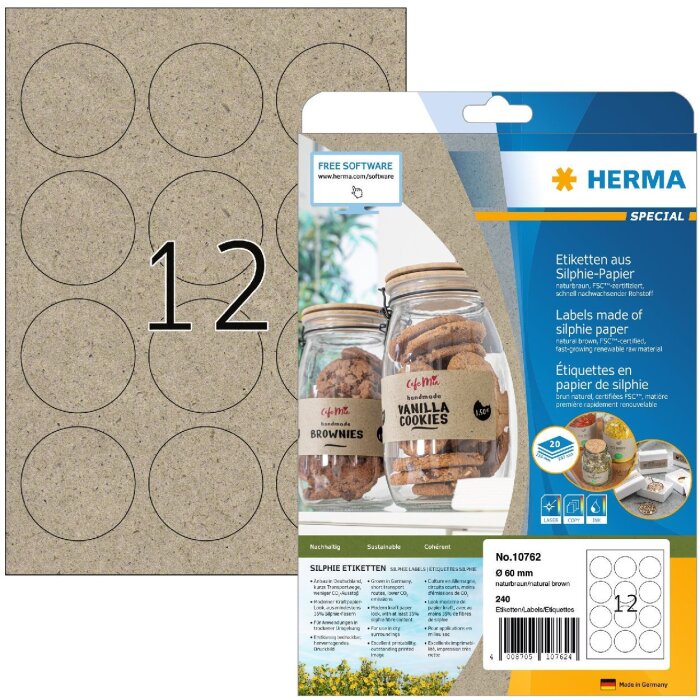 HERMA 10762 Etiquetas Papel Silphie Ø 60 mm marrón natural permanente A4