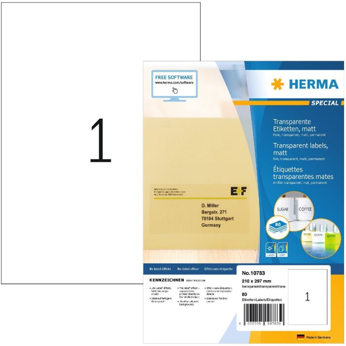 HERMA 10783 Etiquetas de film transparente A4 210x297 mm mate resistente a la intemperie