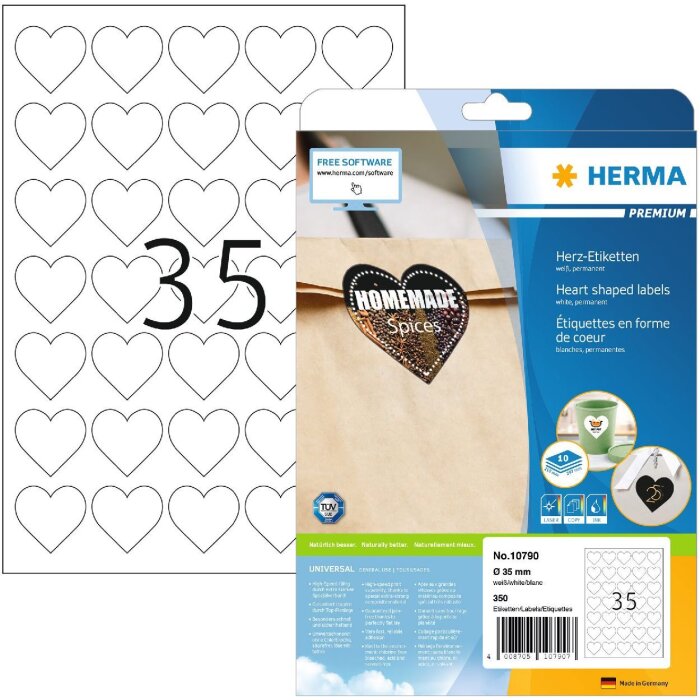 HERMA 10790 PREMIUM etiquetas corazón A4, Ø 35 mm, blancas, adhesivo permanente