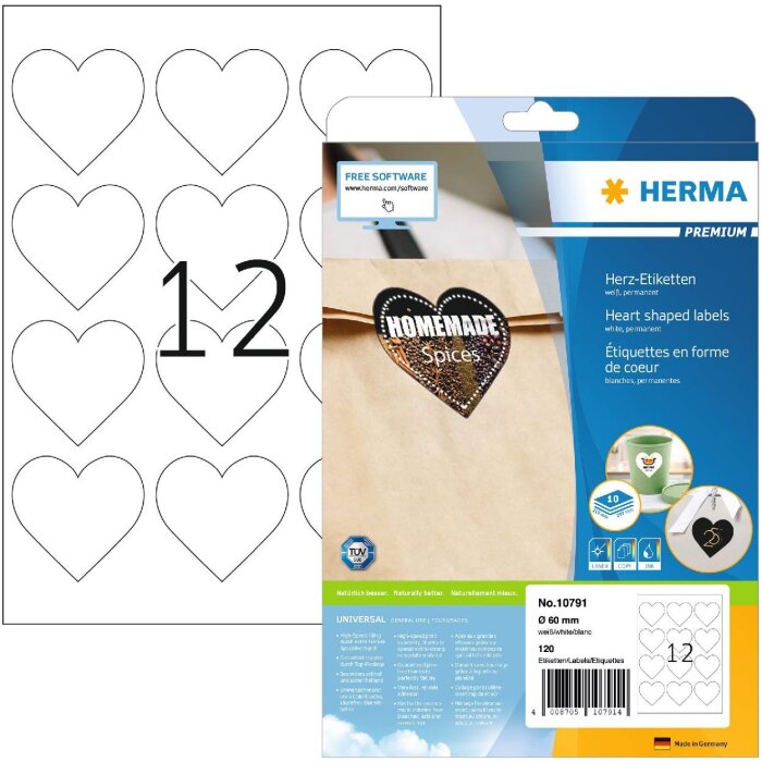 HERMA 10791 Etiquetas corazón Premium A4 Ø60mm blanco permanente