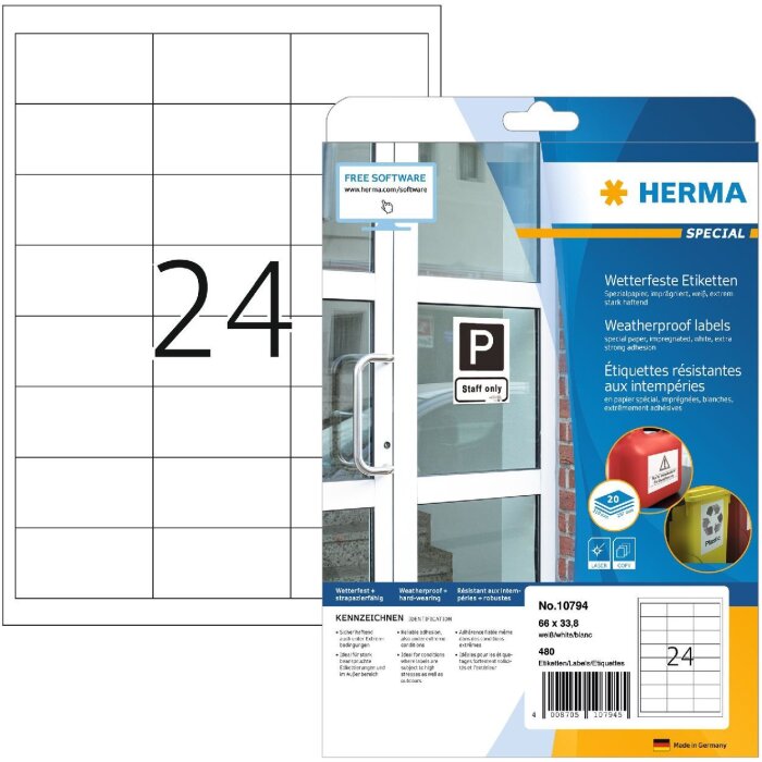 HERMA 10794 Etiquetas resistentes a la intemperie 66x33,8 mm blancas extremadamente adhesivas 480 unidades