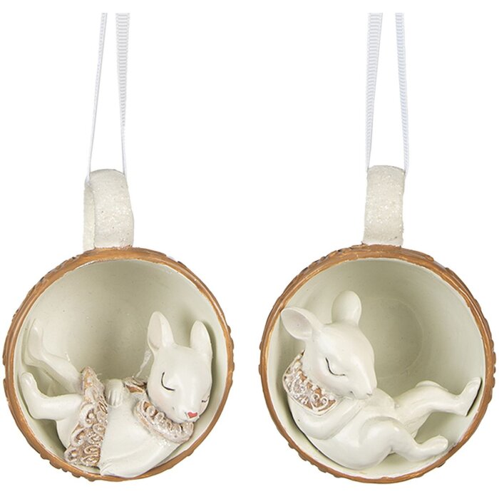 Clayre & Eef 6PR3903 Conejito Colgante en Taza Set de 2 Beige Marrón 10x7x6 cm
