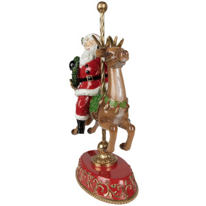 Decoración navideña estatua Papá Noel sobre reno rojo, marrón 29x14x46 cm