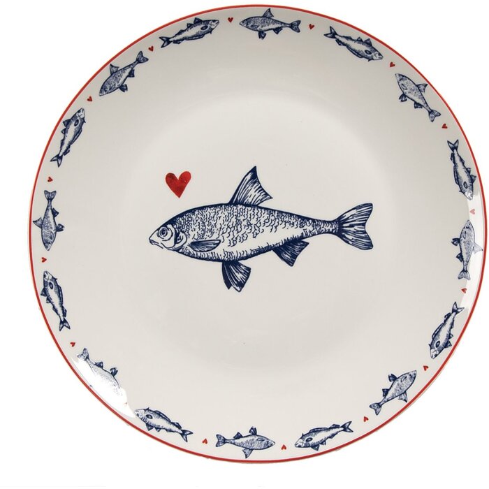 Clayre & Eef plato llano SSFDP Blanco Azul motivo pez Ø 20x2 cm porcelana