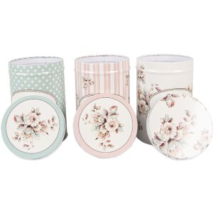 Clayre & Eef 6BL0111 Juego de 3 tarros, Ø 8x12 cm, blanco, floral