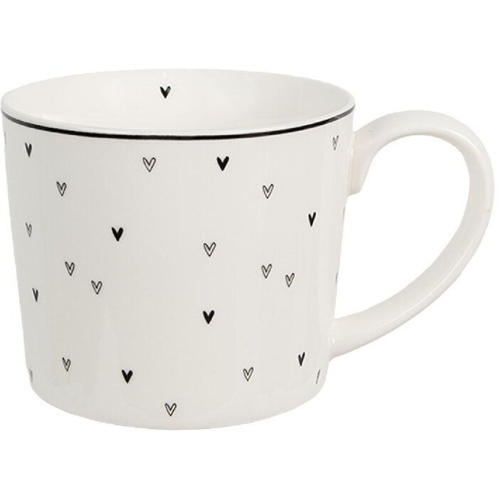 Clayre & Eef 6CEMU0144 Taza blanca con corazones negros 12x8x7 cm 275 ml
