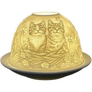 Clayre & Eef 6CE1808 Portacandelitas motivo gato Ø 12x8 cm Blanco