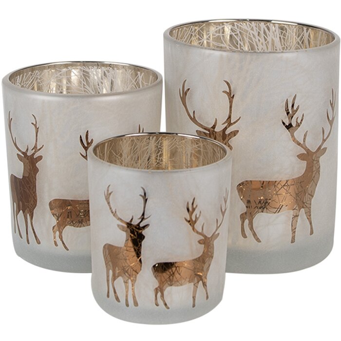 Clayre & Eef 6GL4666 Set de 3 Portavelas Oro Blanco Ø 7/9/10 cm Vidrio