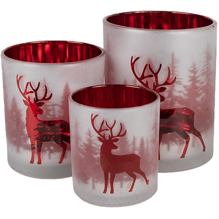 Clayre & Eef 6GL4665 Set de 3 Portavelas Blanco Rojo Ø7x8 Ø9x10 Ø10x12 cm
