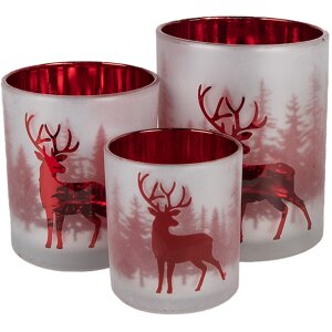Clayre & Eef 6GL4665 Set de 3 Portavelas Blanco Rojo Ø7x8 Ø9x10 Ø10x12 cm