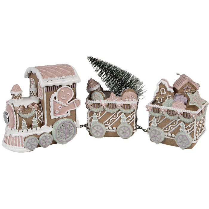 Clayre Eef Decoración navideña LED tren pan de jengibre marrón 30x7x12 cm poliresina