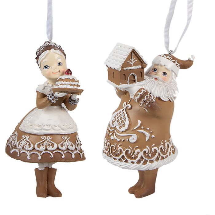 Clayre Eef Navidad etiqueta conjunto de 2 13cm marrón hombre de pan de jengibre mujer de pan de jengibre