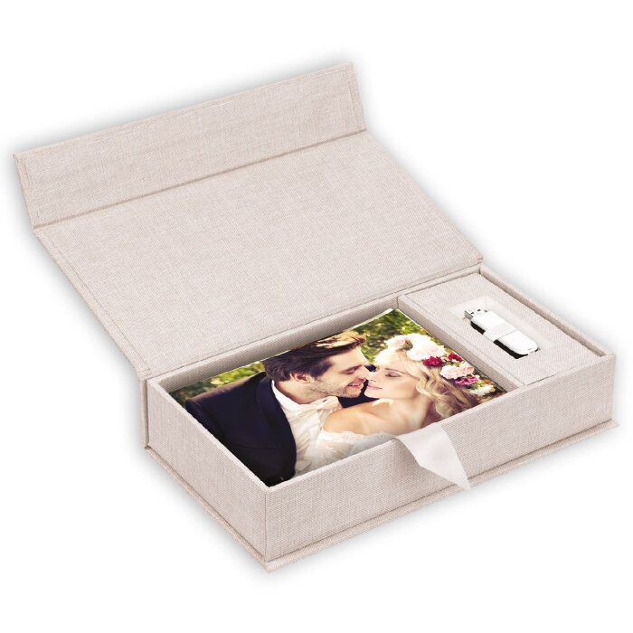 ZEP USB caja de fotos Lodi cubierta de lino crema 23x12 5x5 cm sin memoria USB