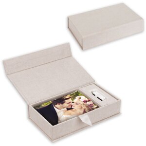 ZEP USB caja de fotos Lodi cubierta de lino crema 23x12 5x5 cm sin memoria USB