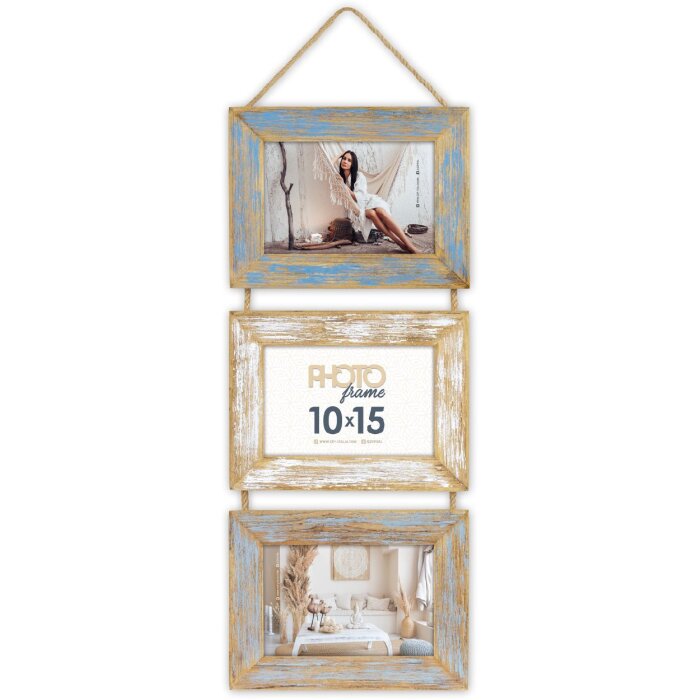 ZEP Marco de madera Voiron 3 fotos 10x15 cm Azul Blanco Vintage 49x26 cm Pared