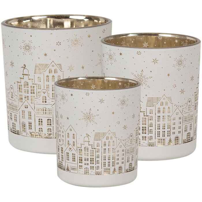 Clayre & Eef 6GL4657 Portacandelitas Set de 3 Copos de Nieve Oro Blanco