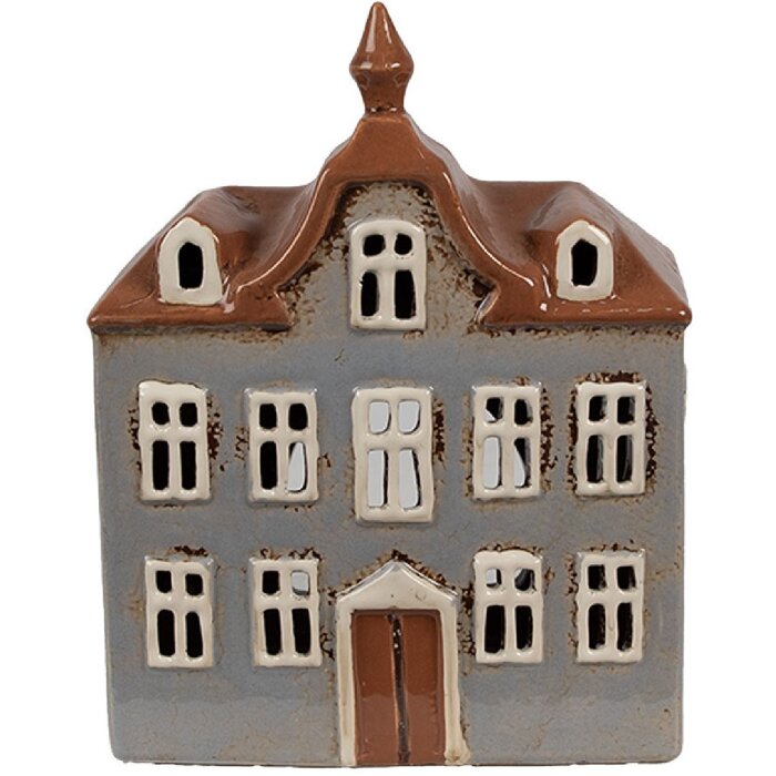 Clayre & Eef 6CE1883 Portavelas Casa Cerámica Gris Marrón 16x9x20 cm