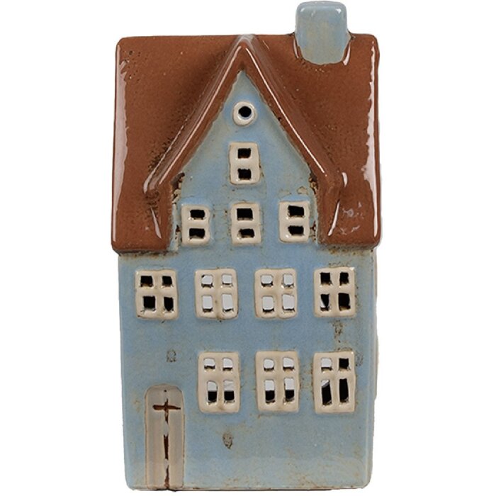Clayre & Eef 6CE1884 Portavelas Casa Cerámica Azul Marrón 11x8x20 cm