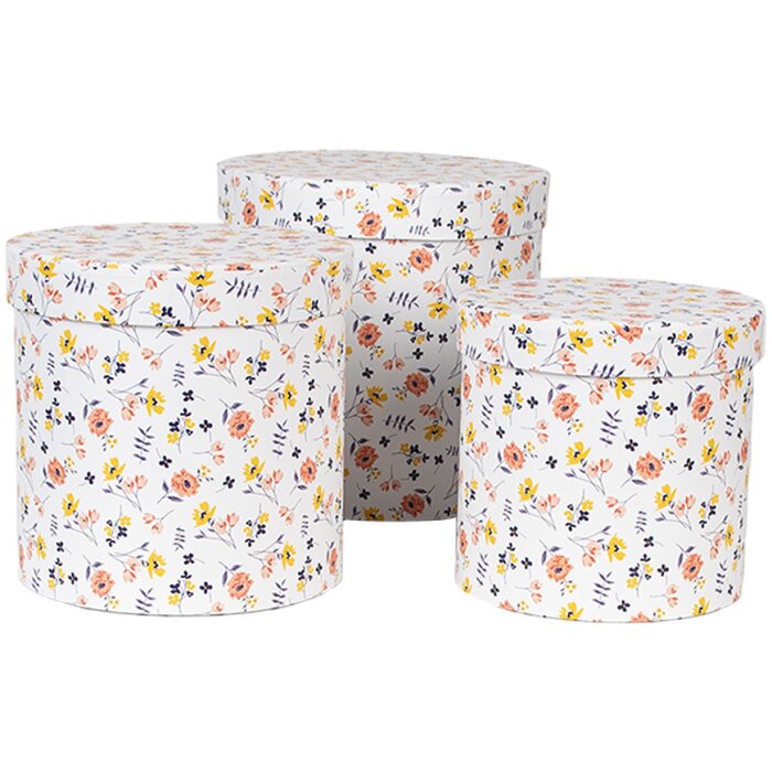 Clayre & Eef 66007 Caja para sombreros juego de 3 redonda diseño flores blanco 19/17/15 cm