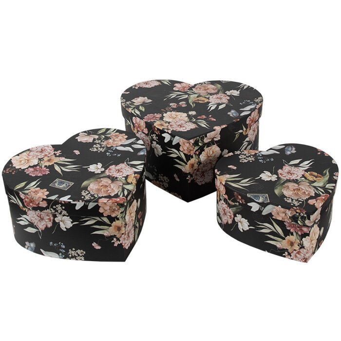 Clayre & Eef 66010 Juego de cajas de almacenaje en forma de corazón 3 piezas estampado floral negro