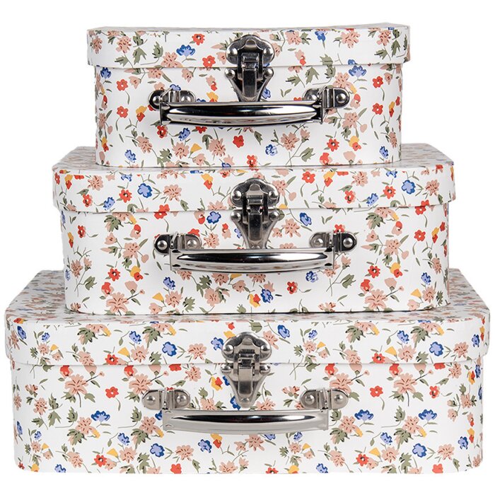 Clayre & Eef 66012 Estuche decorativo Juego de 3 Blanco Floral 30x22x9 a 20x17x8 cm