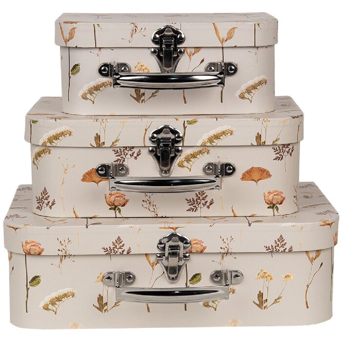 Clayre & Eef 66022 Decoración maleta juego de 3 Beige floral 30/25/20 cm
