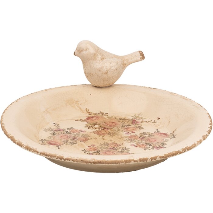 Clayre & Eef 6CE1949L Comedero para pájaros Ø 26x10 cm Cerámica Rosas Vintage