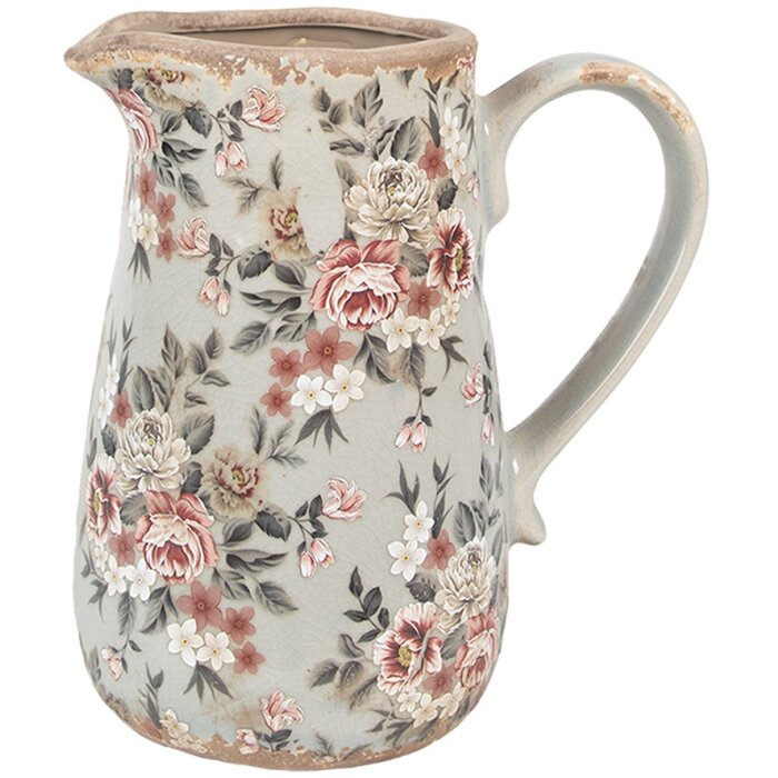 Clayre & Eef 6CE1965M Jarra cerámica gris rosa flores 16x12x18 cm estilo campestre