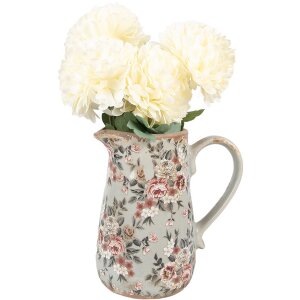 Clayre & Eef 6CE1965M Jarra cerámica gris rosa flores 16x12x18 cm estilo campestre