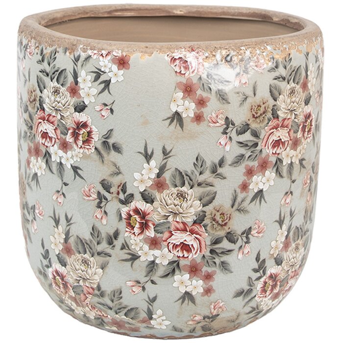Clayre & Eef 6CE1966XL Maceta Cerámica Gris Rosa Flores Ø 19x18 cm
