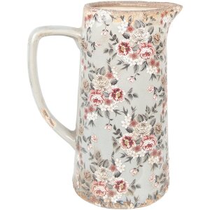 Clayre & Eef 6CE1971L Jarra decorativa cerámica gris rosa flores 21x14x26 cm
