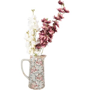 Clayre & Eef 6CE1971L Jarra decorativa cerámica gris rosa flores 21x14x26 cm