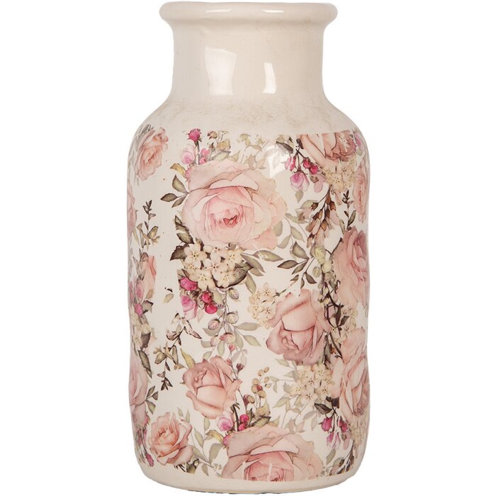 Clayre & Eef 6CE1930M Jarrón Beige Rosa Motivo Floral Ø 14x26 cm Cerámica