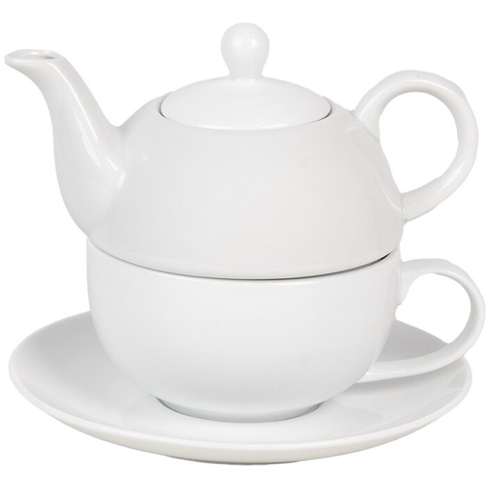 Clayre & Eef 6CETEFO0001 Juego de Té para Uno Cerámica Blanca Estilo Campestre 350ml 250ml