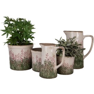 Clayre & Eef 6CE2017S Maceta Cerámica Beige Verde Ø 13x12 cm Estilo Campestre