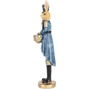 Clayre & Eef Conejo Decorativo Azul Dorado 5x5x18 cm Figurita de Pascua de Poliresina