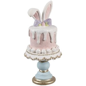 Clayre & Eef Conejo decorativo en soporte para tartas Rosa Blanco Ø 9x20 cm