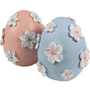 Clayre & Eef huevo decorativo Ø 11x13 cm azul con flores blancas estilo country